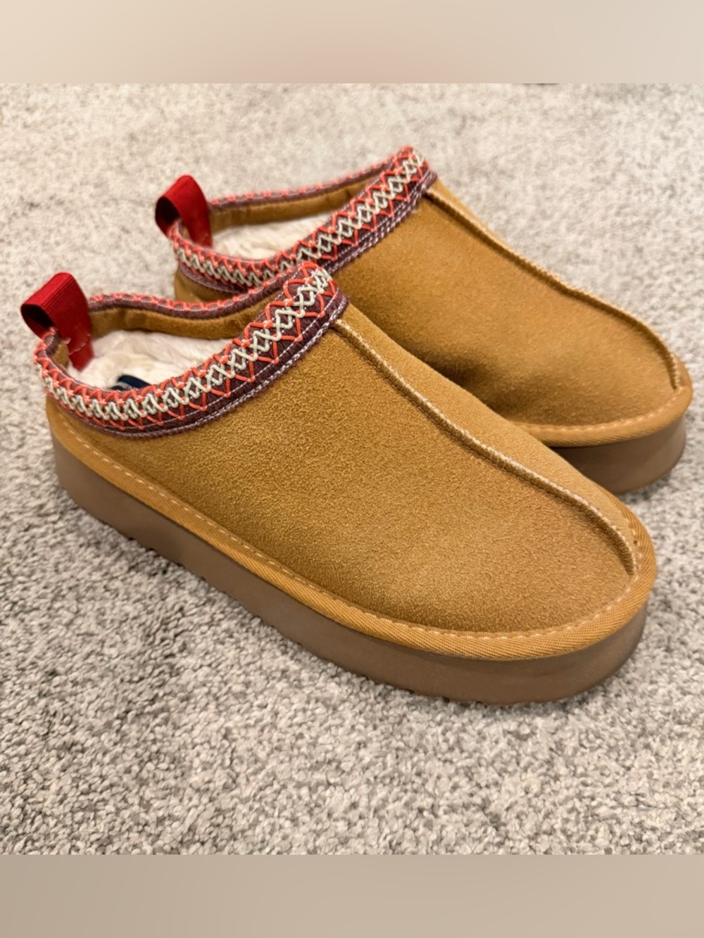 French Connection Tan Suede Platform Mule Clogs with Red Trim Size 9/10